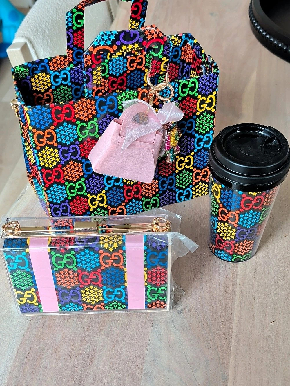 Multicolor Tote with Travel Cup